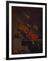 A Bouquet of Roses,  Morning Glory and Hazelnuts on a Ledge, with Grasshoppers, a Stag Beetle and…-Elias Van Den Broeck-Framed Premium Giclee Print