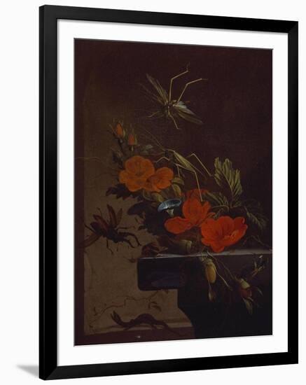 A Bouquet of Roses,  Morning Glory and Hazelnuts on a Ledge, with Grasshoppers, a Stag Beetle and…-Elias Van Den Broeck-Framed Premium Giclee Print