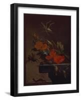 A Bouquet of Roses,  Morning Glory and Hazelnuts on a Ledge, with Grasshoppers, a Stag Beetle and…-Elias Van Den Broeck-Framed Giclee Print