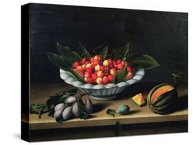 A Bowl of Cherries with Plums and a Melon, 1635 (Oil on Panel)-Louise Moillon-Stretched Canvas