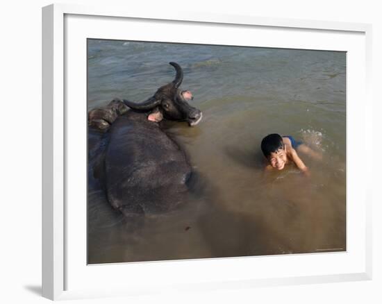 A Boy Bathes with His Water Buffalo in the Mekong River, Near Kratie, Eastern Cambodia, Indochina-Andrew Mcconnell-Framed Photographic Print