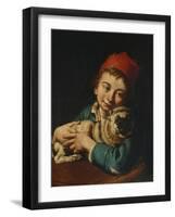 A Boy, Half Length, in a Blue Jacket and a Red Hat, Holding a Pug on a Cushion-Giacomo Ceruti-Framed Giclee Print