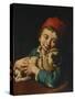 A Boy, Half Length, in a Blue Jacket and a Red Hat, Holding a Pug on a Cushion-Giacomo Ceruti-Stretched Canvas