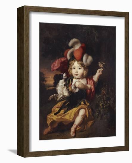 A Boy in Classical Costume Seated in a Landscape with a Finch and a Spaniel-Nicholaes Maes-Framed Giclee Print