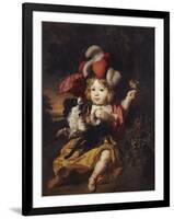 A Boy in Classical Costume Seated in a Landscape with a Finch and a Spaniel-Nicholaes Maes-Framed Giclee Print