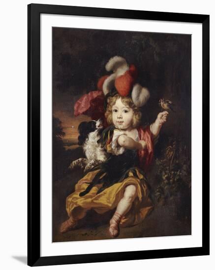 A Boy in Classical Costume Seated in a Landscape with a Finch and a Spaniel-Nicholaes Maes-Framed Giclee Print