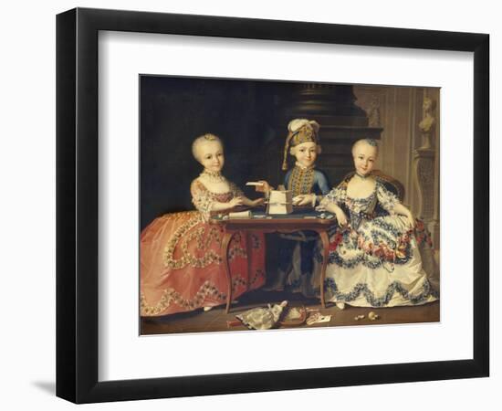 A Boy in Ornate Blue Costume Building a House of Cards, with Two Girls in Lace-Trimmed Dresses-Francois Hubert Drouais-Framed Giclee Print