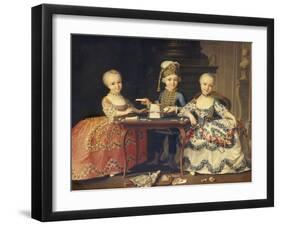 A Boy in Ornate Blue Costume Building a House of Cards, with Two Girls in Lace-Trimmed Dresses-Francois Hubert Drouais-Framed Giclee Print