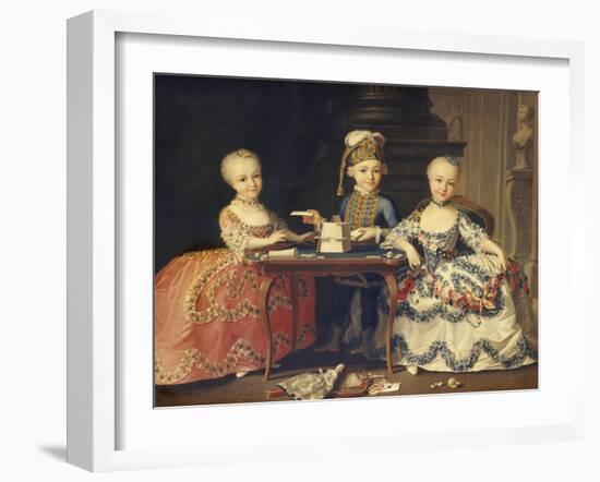 A Boy in Ornate Blue Costume Building a House of Cards, with Two Girls in Lace-Trimmed Dresses-Francois Hubert Drouais-Framed Giclee Print