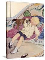 A Boy Lying on a Bed with a Book and a Toy Horse-Anne Anderson-Stretched Canvas