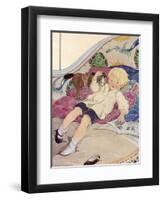 A Boy Lying on a Bed with a Book and a Toy Horse-Anne Anderson-Framed Art Print