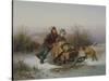 A Boy Pushing a Young Girl in a Sledge (Oil on Canvas)-Jan Walraven-Stretched Canvas