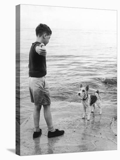 A Boy Throws Stones into the Sea for His Dog to Retrieve: the Dog Looks Up Expectantly-Henry Grant-Stretched Canvas