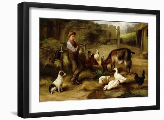 A Boy with Poultry and a Goat in a Farmyard-Charles Hunt-Framed Giclee Print