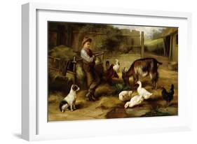 A Boy with Poultry and a Goat in a Farmyard-Charles Hunt-Framed Giclee Print