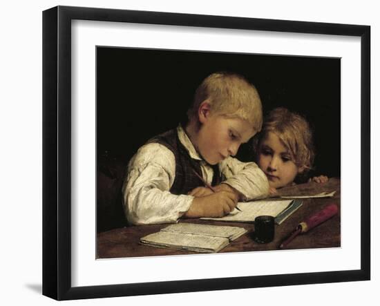 A Boy Writing; Schreibender Knabe Mit Schwesterchen, 1875-Albert Anker-Framed Giclee Print