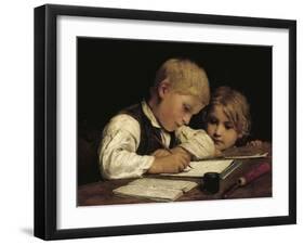 A Boy Writing; Schreibender Knabe Mit Schwesterchen, 1875-Albert Anker-Framed Giclee Print