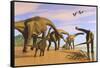 A Brachiosaurus Herd Walks Down a Wet Sandy Beach-null-Framed Stretched Canvas