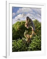 A Brachiosaurus with Young Above the Treetops, Surrounded by Pterodactyls-null-Framed Art Print