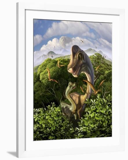 A Brachiosaurus with Young Above the Treetops, Surrounded by Pterodactyls-null-Framed Art Print