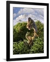 A Brachiosaurus with Young Above the Treetops, Surrounded by Pterodactyls-null-Framed Art Print