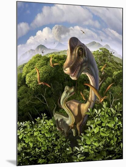 A Brachiosaurus with Young Above the Treetops, Surrounded by Pterodactyls-null-Mounted Art Print