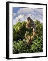 A Brachiosaurus with Young Above the Treetops, Surrounded by Pterodactyls-null-Framed Art Print