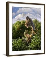 A Brachiosaurus with Young Above the Treetops, Surrounded by Pterodactyls-null-Framed Art Print