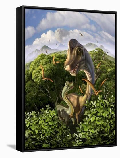 A Brachiosaurus with Young Above the Treetops, Surrounded by Pterodactyls-null-Framed Stretched Canvas