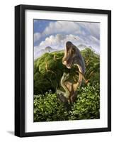 A Brachiosaurus with Young Above the Treetops, Surrounded by Pterodactyls-null-Framed Art Print