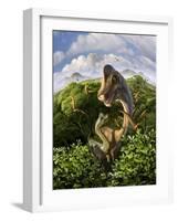 A Brachiosaurus with Young Above the Treetops, Surrounded by Pterodactyls-null-Framed Art Print