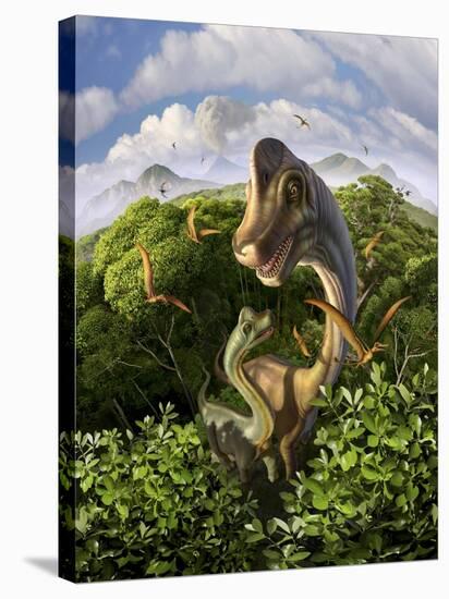 A Brachiosaurus with Young Above the Treetops, Surrounded by Pterodactyls-null-Stretched Canvas