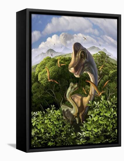 A Brachiosaurus with Young Above the Treetops, Surrounded by Pterodactyls-null-Framed Stretched Canvas