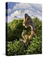 A Brachiosaurus with Young Above the Treetops, Surrounded by Pterodactyls-null-Stretched Canvas