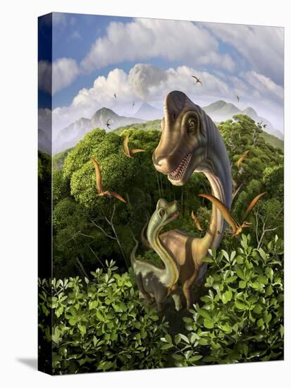 A Brachiosaurus with Young Above the Treetops, Surrounded by Pterodactyls-null-Stretched Canvas