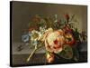 A Branch of Roses with Beetle and Bee, 1741-Rachel Ruysch-Stretched Canvas