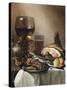 A Breakfast Still Life of a Roemer Ham and Meat on Pewter Plates, Bread and a Gold Verge Watch on…-Pieter Claesz-Stretched Canvas