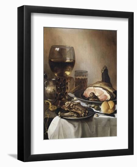 A Breakfast Still Life of a Roemer Ham and Meat on Pewter Plates, Bread and a Gold Verge Watch on…-Pieter Claesz-Framed Giclee Print