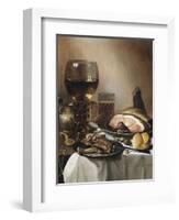 A Breakfast Still Life of a Roemer Ham and Meat on Pewter Plates, Bread and a Gold Verge Watch on…-Pieter Claesz-Framed Giclee Print