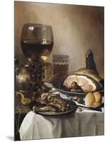 A Breakfast Still Life of a Roemer Ham and Meat on Pewter Plates, Bread and a Gold Verge Watch on…-Pieter Claesz-Mounted Giclee Print