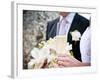 A Bride and Groom with a Glass of Champagne and a Bouquet-null-Framed Photographic Print