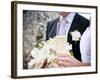 A Bride and Groom with a Glass of Champagne and a Bouquet-null-Framed Photographic Print