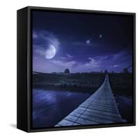 A Bridge across the River at Night Against Starry Sky, Russia-null-Framed Stretched Canvas