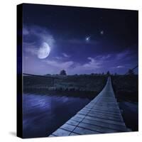 A Bridge across the River at Night Against Starry Sky, Russia-null-Stretched Canvas