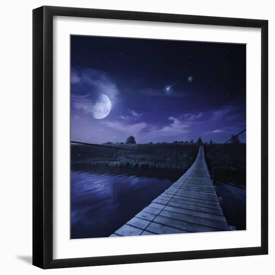 A Bridge across the River at Night Against Starry Sky, Russia-null-Framed Photographic Print