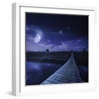 A Bridge across the River at Night Against Starry Sky, Russia-null-Framed Photographic Print