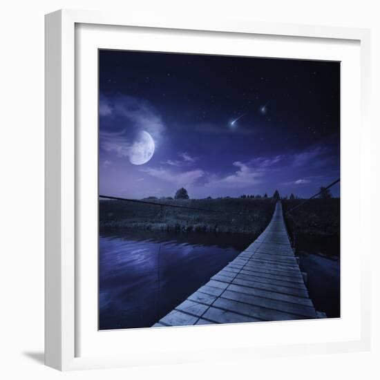 A Bridge across the River at Night Against Starry Sky, Russia-null-Framed Photographic Print