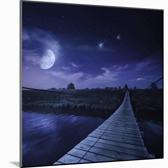 A Bridge across the River at Night Against Starry Sky, Russia-null-Mounted Photographic Print