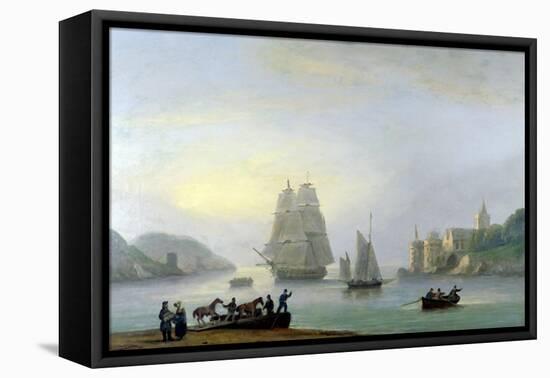 A Brig Entering Dartmouth Harbour, with a Ferry in the Foreground, 1828-Thomas Luny-Framed Stretched Canvas