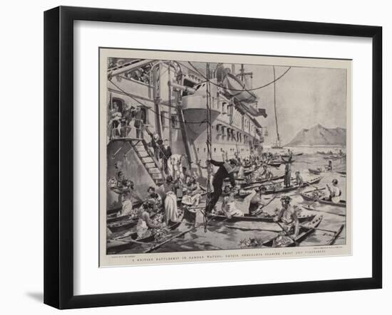 A British Battleship in Samoan Waters, Native Merchants Trading Fruit and Vegetables-Frederic De Haenen-Framed Giclee Print